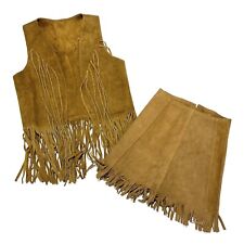 Vintage Buckskin Leather Fringe Vest Skirt Set Small Western