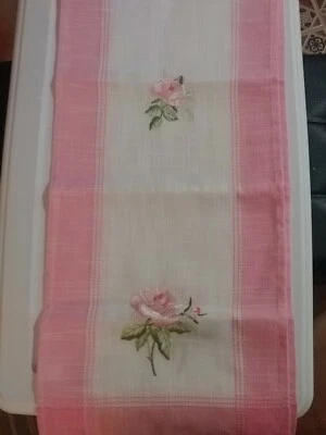 Pink & White Embroidered FLORAL Table Runner - Image 1 of 4