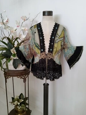 VINTAGE SPENCER ALEXIS DINNER JACKET BLACK LACE WITH NAIL HEADS TURQ &LIME MED - Image 1 of 4
