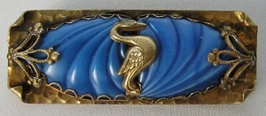 Stunning Art Deco Gold tone Brass Blue Molded Swirl Art Glass w/Swan Pin Brooch - Picture 1 of 4