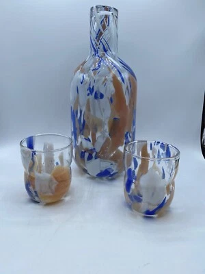 Hand Blown Stretched Art Glass Carafe with 2 Glasses 11" Blue White and Tan - Image 1 of 4