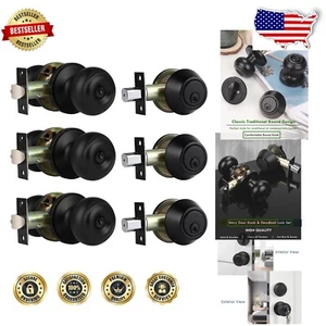 Matte Black Keyed Alike Door Knob & Deadbolt Combo - Easy Installation Set of 3 - Picture 1 of 9