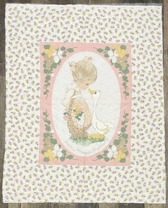Vintage Precious Moments Pre-Quilted Girl Goose Florals Fabric Panel 35" x 44" - Picture 1 of 3