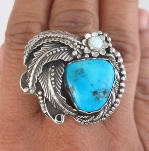XL Sterlingsilber Türkis & Labor Opal verziert verstellbare Größe Statement Ring - Bild 1 von 8