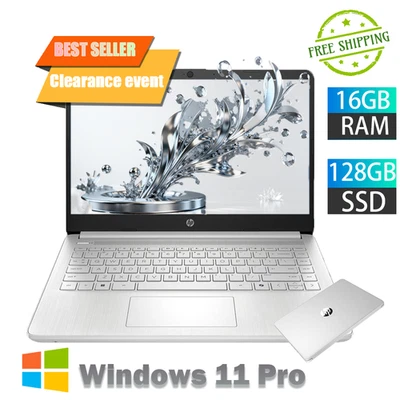 HP 14" Laptop Intel Processor N150 16GB RAM + 128GB SSD Win11 Pro Silver - Image 1 of 4