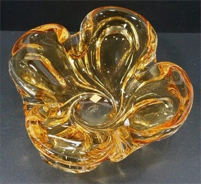 Vintage Chalet Canada Amber Handblown Ruffled Glass Bowl 1960s Signed Art Glass  - Image 1 of 4