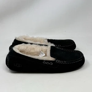 UGG Ansley Moccasin Slippers Womens 7 Black Suede Sheepskin Lining 3312 - Picture 1 of 17