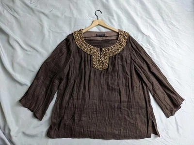 Lafayette 148 Top Womens Size 20 Brown Linen Beaded Neck Tunic Popover Lagenlook - Image 1 of 4