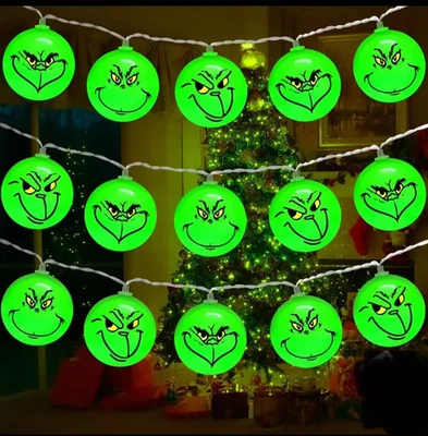 SET 20 LED GRINCH CHRISTMAS TREE LIGHTS BATTEERY ROUND BALL HANGING NEW - Image 1 of 4