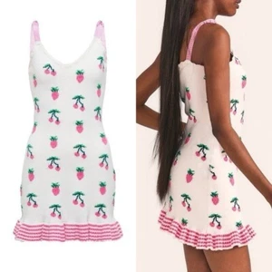 LoveShackAusgefallenes Strickkleid Erdbeere Kirsche Grafik Wollmischung Rüschen - Bild 1 von 6