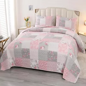Oversized King Size Pink Grey Floral Plaid Patchwork Quilt Set 128x120 Extra Set - Picture 1 of 1