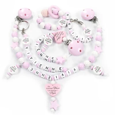 NELINO SCHNULLERKETTE MIT NAMEN SET Schnullerkette mit Namen kleine Prinzessin rosa 5 tlg. SET Mädchen Baby♥ S35