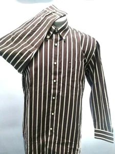 Tommy Hilfiger Mens Shirt Large Brown Tan Stripe Long Sleeve Button Down Cotton - Picture 1 of 12
