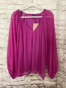 Vero Moda Shirt Womens 18 Magenta Pink Chiffon Balloon Sleeve Flowy V Neck Lined - Picture 1 of 14
