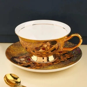 Gustav Klimt Luxury high-end Golden-rimmed bone china coffee cup, saucer & spoon - Picture 1 of 9