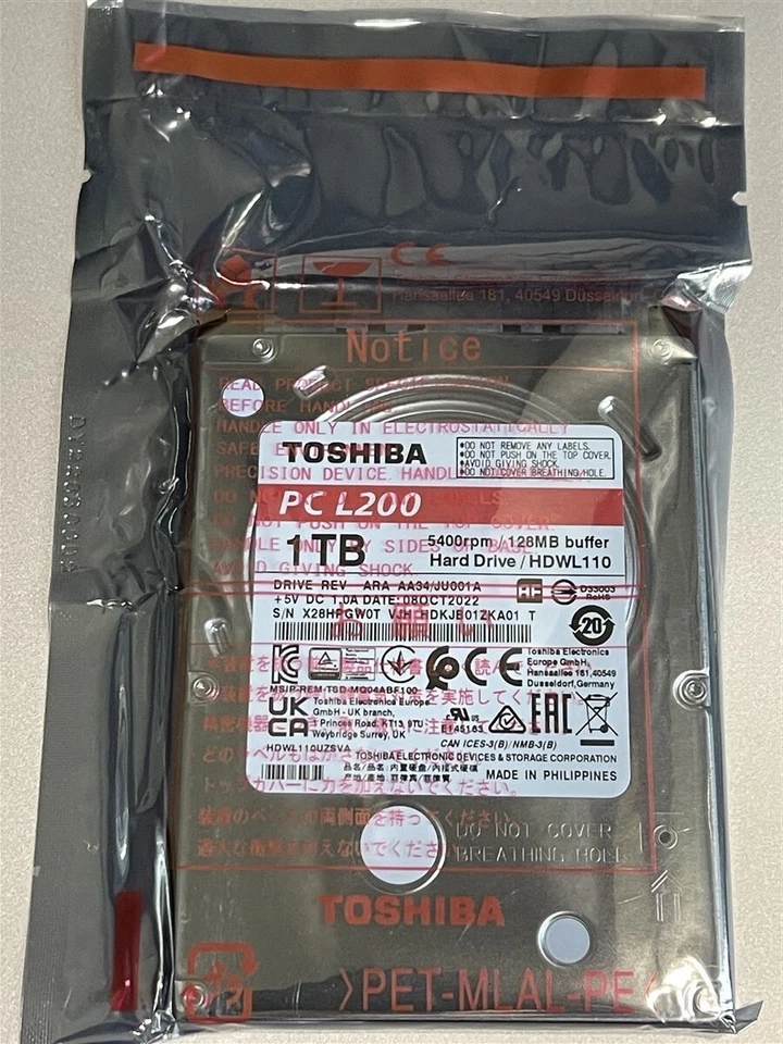 Toshiba L200 1TB, Internal, 5400RPM, 2.5 inch 7mm (HDKJB01ZKA0T1) HDWL1100 - Image 1 of 1