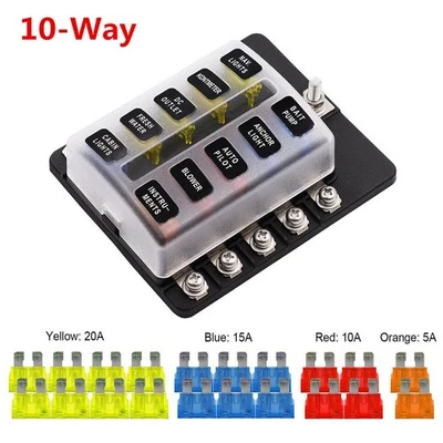 10-Way Blade Fuse Box Block Holder LED Indicator w/ Fuses For Car Truck Marine - Image 1 of 4