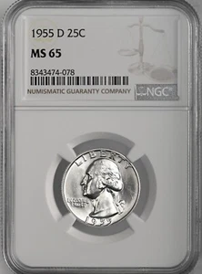 1955-D 25C WASHINGTON SILVER QUARTER "DENVER MINT" NGC MS65 #8343474-078 - Picture 1 of 4