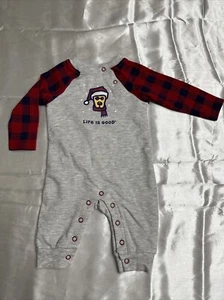 Life Is Good Baby Girl's 0/3 Mo Romper Ruffle Winter Christmas Dog Buffalo Plaid - Picture 1 of 12