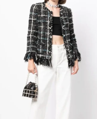 Chanel Clásico Sin Cuello Cremallera Tweed Negro Cuadros ARTIC Chaqueta Blazer Foto 1 de 4