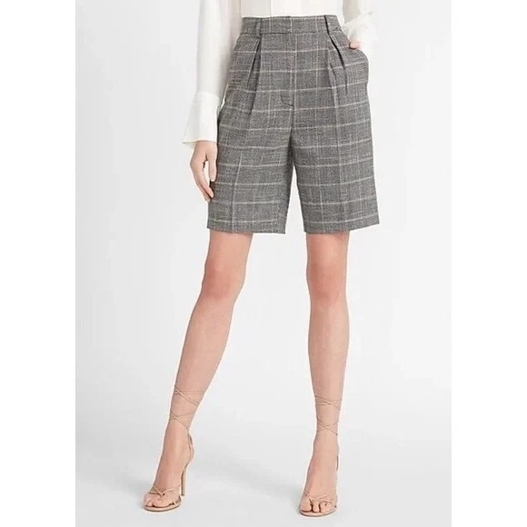 Express High Waisted Plaid Pleated Bermuda Shorts 00 - Image 1 of 3