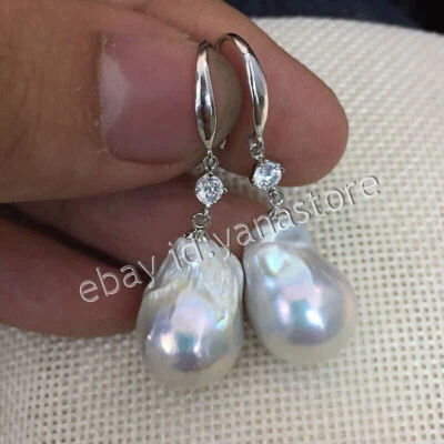 Riesige 18-20mm Natürlich Weiß Süßwasser Barock Perle Baumelnd Haken Ohrringe - Bild 1 von 4