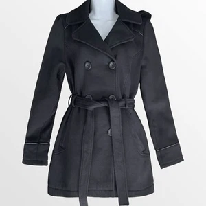 Black Trench Coat Belted Jacket Size L Trim Cotton - Picture 1 of 6