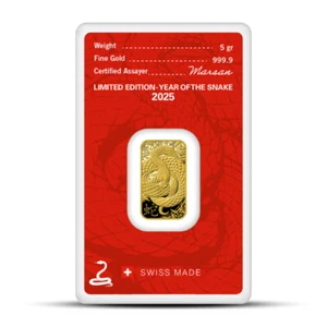2025 5 Gram Argor Heraeus Lunar YOT Snake Gold Bar (In Assay) - Picture 1 of 2