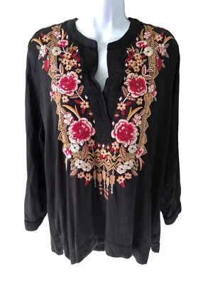 EUC Johnny Was Anacapri Floral-Embroidered Satin Top -size Large - Image 1 of 4