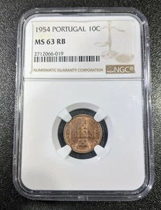 1954 MS63 RB Portugal 10 Centavos KM 583 NGC UNC KEY DATE! - Picture 1 of 2