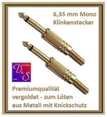 2x  Klinkenstecker Mono 6,35 mm, Profi, vergoldet, E-Gitarre/Verstärker/Boxen - Bild 1 von 2