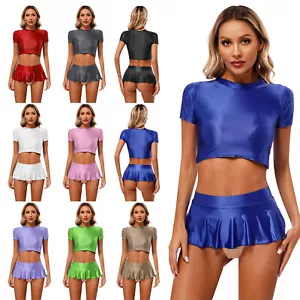 UK Womens Outfits Satin Crop Top And Skirt Oil Shiny Swimsuit Stretchy Lingerie - Picture 1 of 122