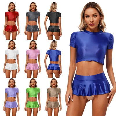 UK Women Sexy Glossy Dress Set Swimsuits U Neck Short Sleeve Tops Stretchy Skirt - Image 1 of 3