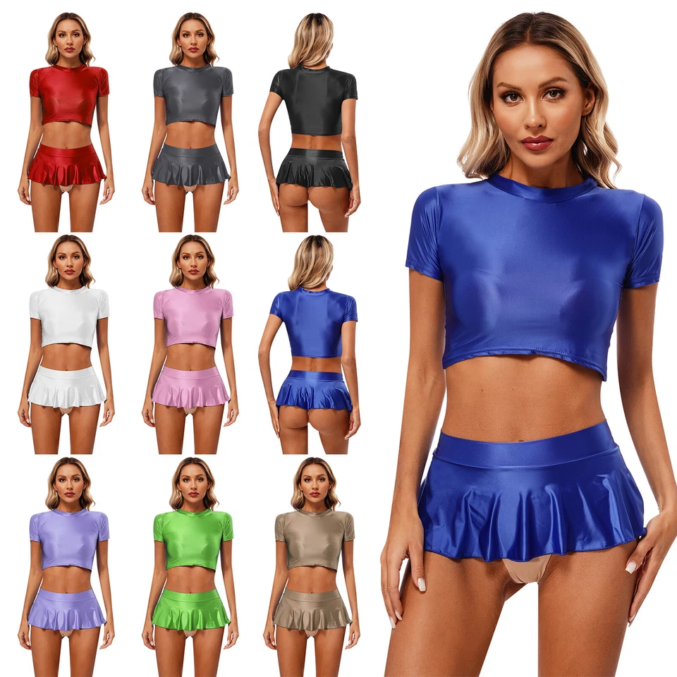 UK Women Sexy Glossy Dress Set Swimsuits U Neck Short Sleeve Tops Stretchy Skirt - Image 1 of 3