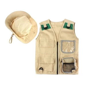 Durable Kid's Khaki Cargo Vest And Hat Set Explorer Dress Up for Zoo Keeper - Picture 1 of 6
