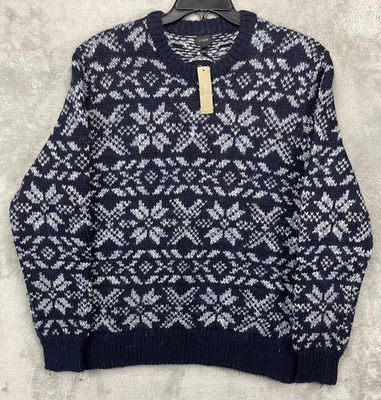 NWT J Crew Mens Knit Sweater Sz L Navy Snowflake Crewneck - Image 1 of 4