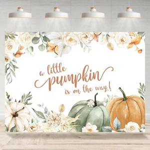 Little Pumpkin Baby Shower Backdrop Fall Autumn White Floral Leaves Photograp... - Picture 1 of 7