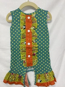 Ricrac & Ruffles 12M Romper Sleeveless Green Flower Dots Orange Ruffle Front - Picture 1 of 2
