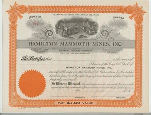 Hamilton Mammoth Mines, Inc. Stock Certificate - Picture 1 of 1