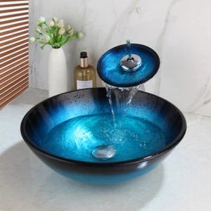 Blue Bathroom Glass Vessel Sink Black Round Basin Bowl Combo Mixer Tap Drain Set - Picture 1 of 11