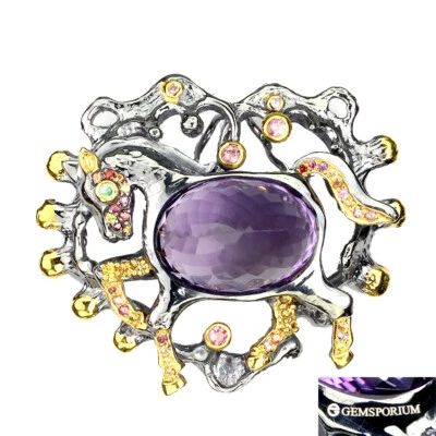 925 Pendente Argento Sterling Ovale Ametista 25ct Tormalina Cavallo Mano Jewelry - Immagine 1 di 4