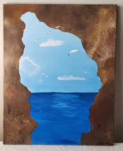 Hand Painted Canvas Acrylic Oil "Ocean Cave" View Any Room / Office- 16x20 - Picture 1 of 2