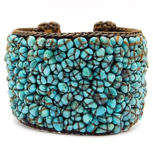 SPECTACULAR WOVEN TURQUOISE NUGGET SX925 THAI SILVER CUFF BRACELET - Picture 1 of 6