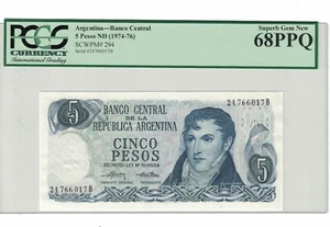 ARGENTINA 5 Pesos 1974-76 PICK# 294 PCGS: 68 PPQ GEM UNC. (#1714) - Picture 1 of 2
