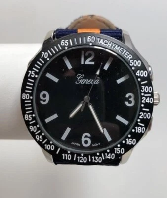 NEW Geneva 2911 Men's Black Analog Dial Blue & Orange Striped Canvas Sport Watch - Image 1 of 4