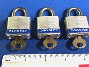 3 Vintage, Master Lock No. 7 Small, Laminated Steel Padlocks w/Keys, Milwaukee - Picture 1 of 5