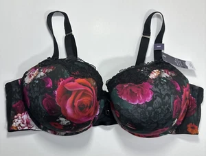 Cacique Boost Balconette Bra 46D Seriously Sexy Black Floral Red Rose NWT - Picture 1 of 9
