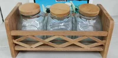 MENSOLA LEGNO+SET 3 BARATTOLO PORTA SPEZIE SALE ZUCCHERO CAFFE VETRO TAPPO LEGNO - Immagine 1 di 3