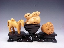 3 Japanese Boxwood Hand Carved *Horse Rabbit Dragon* Netsuke w/ Wooden Stand