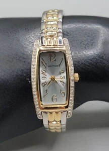 Vintage Waltham Ladies Tank Quartz Watch Crystal Bezel 6" Two Tone Band 19mm - Picture 1 of 19